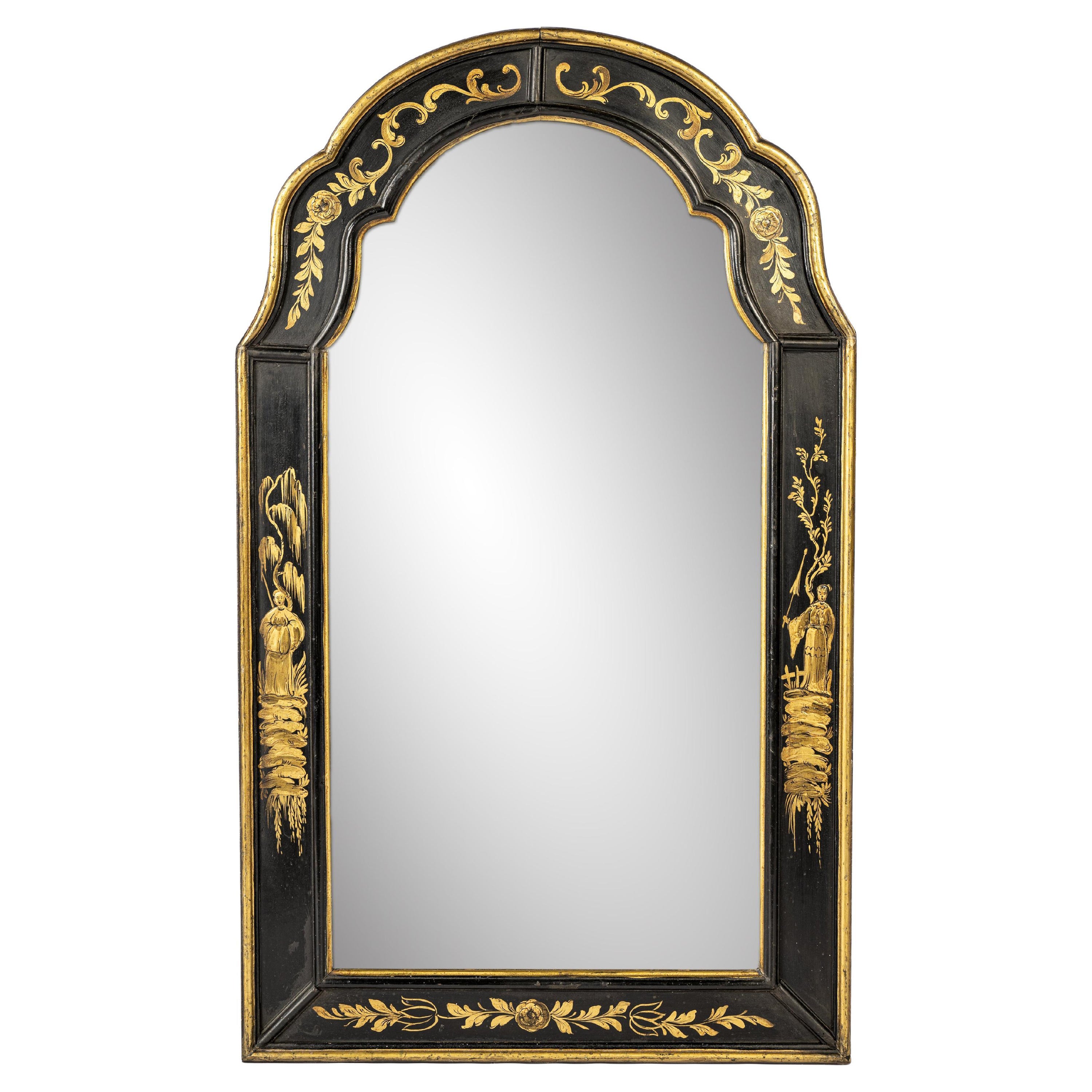 Antiguo espejo Chinoiserie francés de finales del siglo XIX pintado de negro y oro
