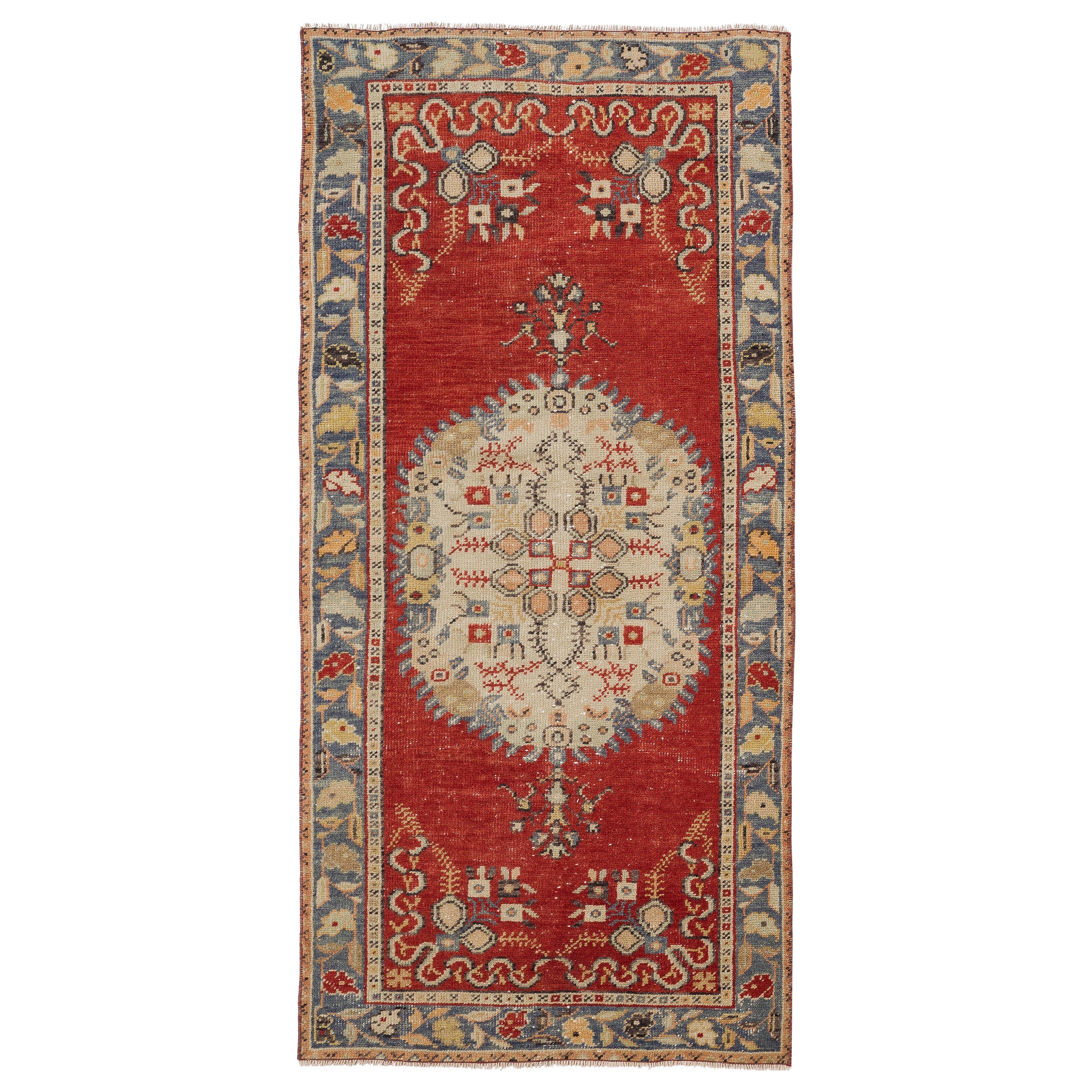 3x6.4 Ft Tappeto d'accento in lana turca vintage fatto a mano nei colori rosso e avorio