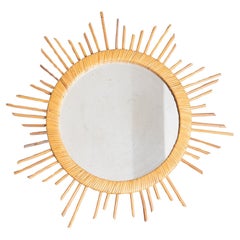 French Mid-Century Modern Handcrafted Rattan Wall Mirror - Circa 1960