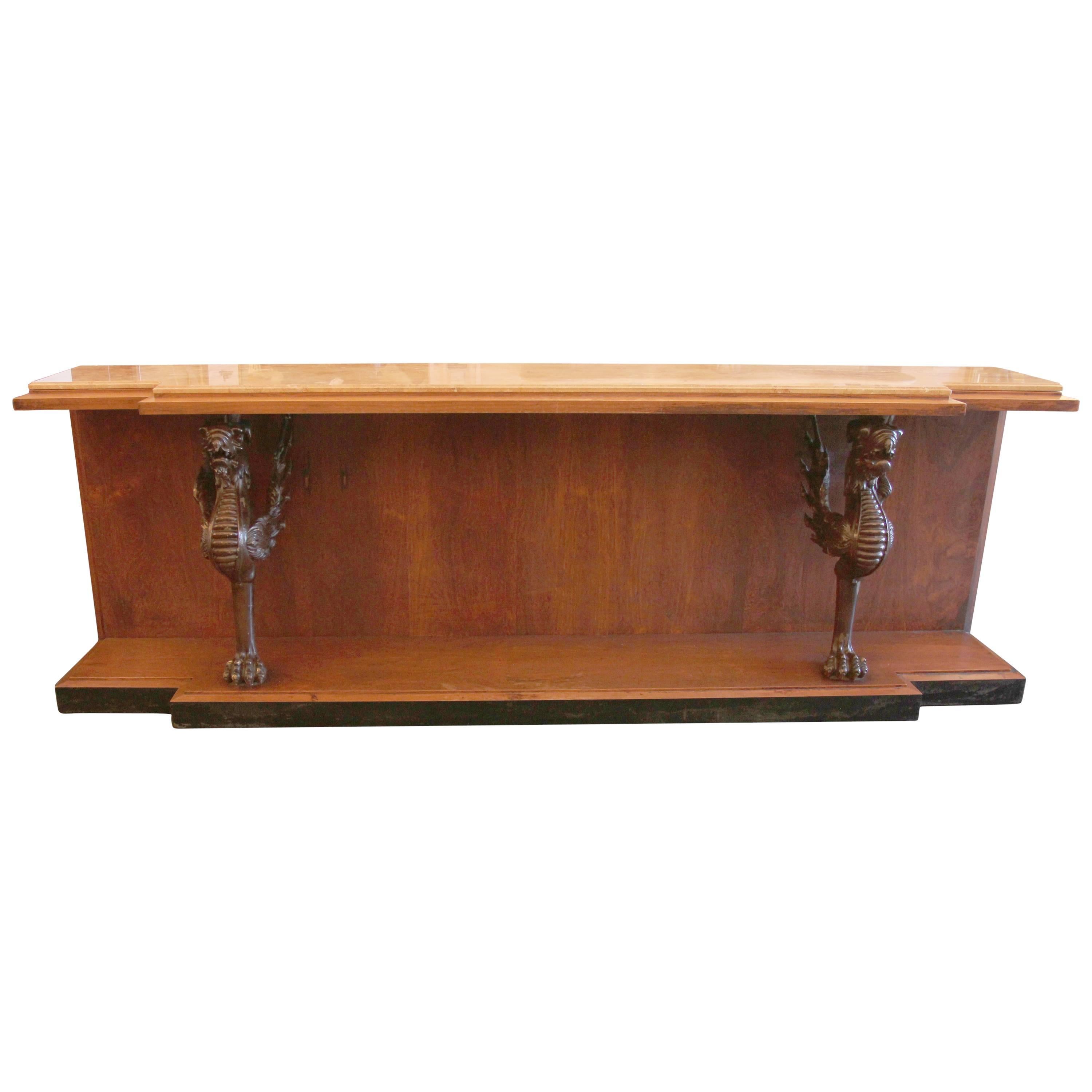 1980s Walnut Console Table with Marble Top and Antique Carved Wood Griffins