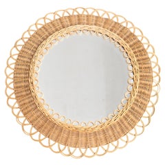 French Mid-Century Modern Handcrafted Rattan Wall Mirror - Circa 1960