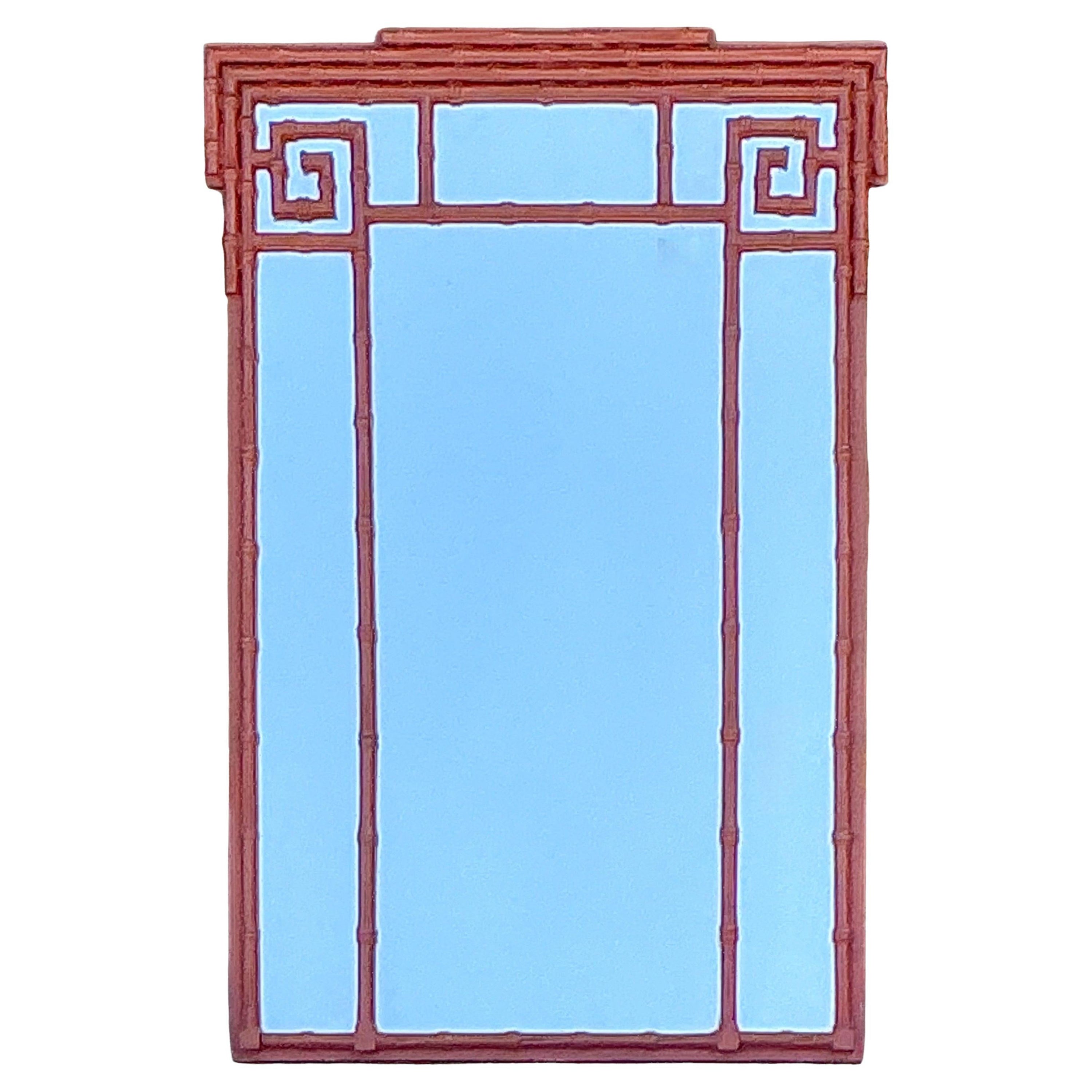 Mid-Century Neo-Classical Style Faux Bamboo Greek Key Form Mirror- Burnt Orange