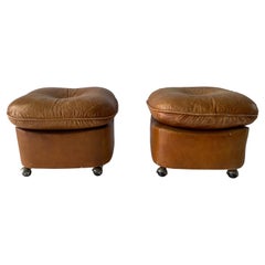 Italian Design Worn Leather Pair of Stools with Wheels, 1970s, Italy