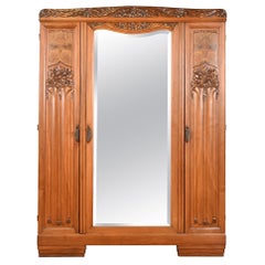 Armario de estilo Louis Majorelle Art Nouveau francés antiguo de nogal veteado con espejo