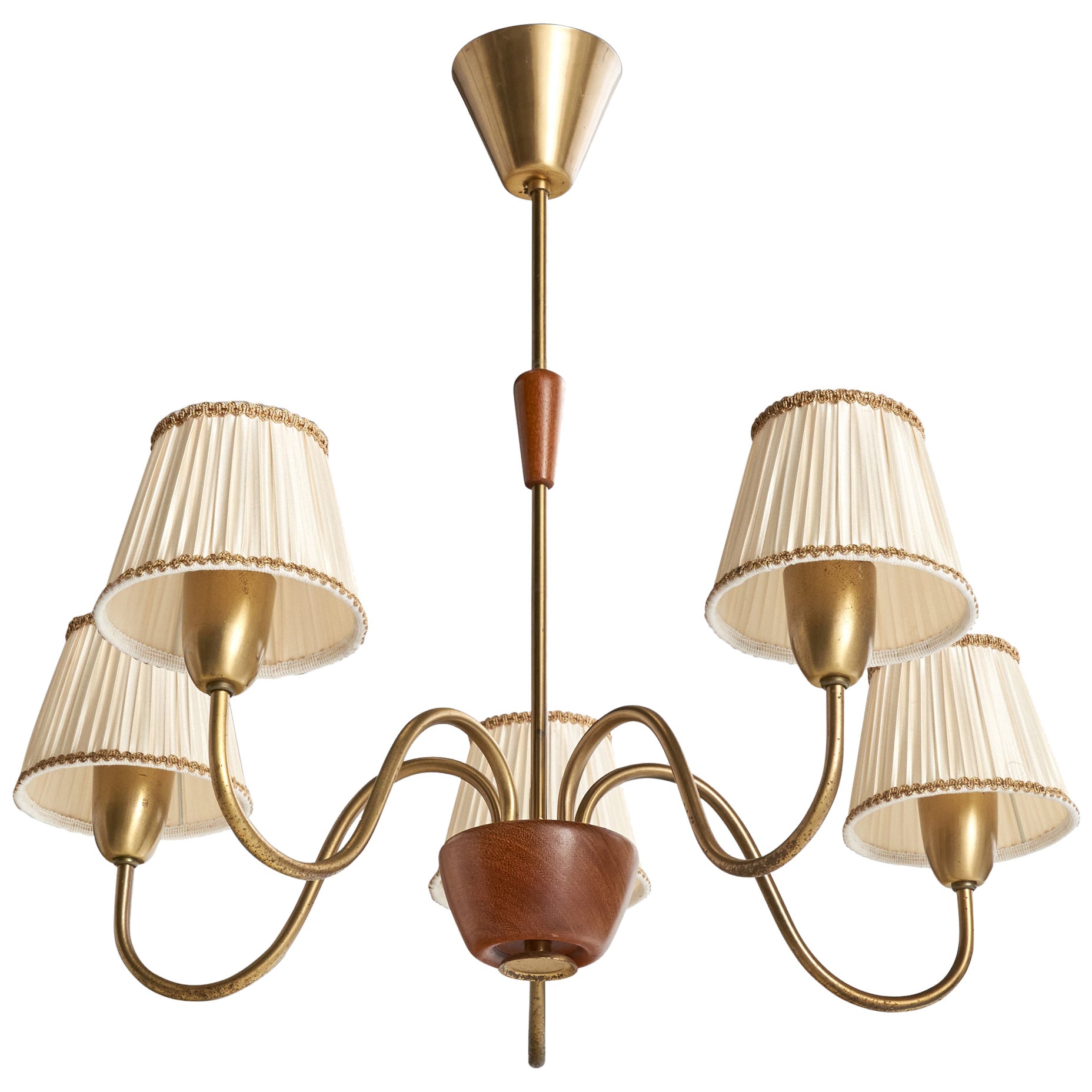 Swedish Designer, Chandelier, Brass, Wood, Fabric, Sweden, 1940s