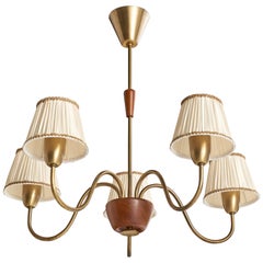 Swedish Designer, Chandelier, Brass, Wood, Fabric, Sweden, 1940s