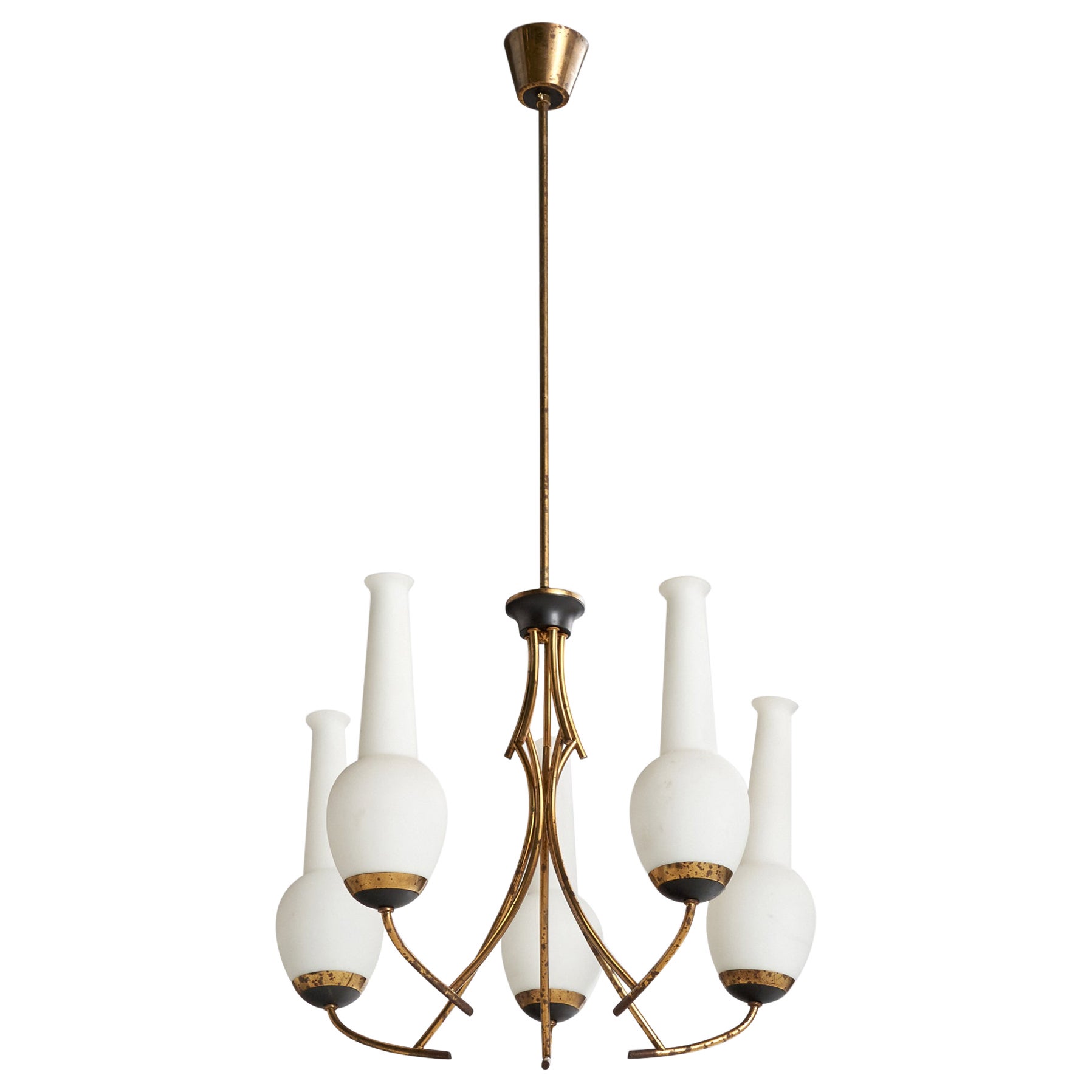 Italian Designer, Chandelier, Brass, Metal, Glass, Italy, 1950s