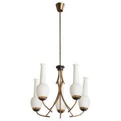 Italian Designer, Chandelier, Brass, Metal, Glass, Italy, 1950s