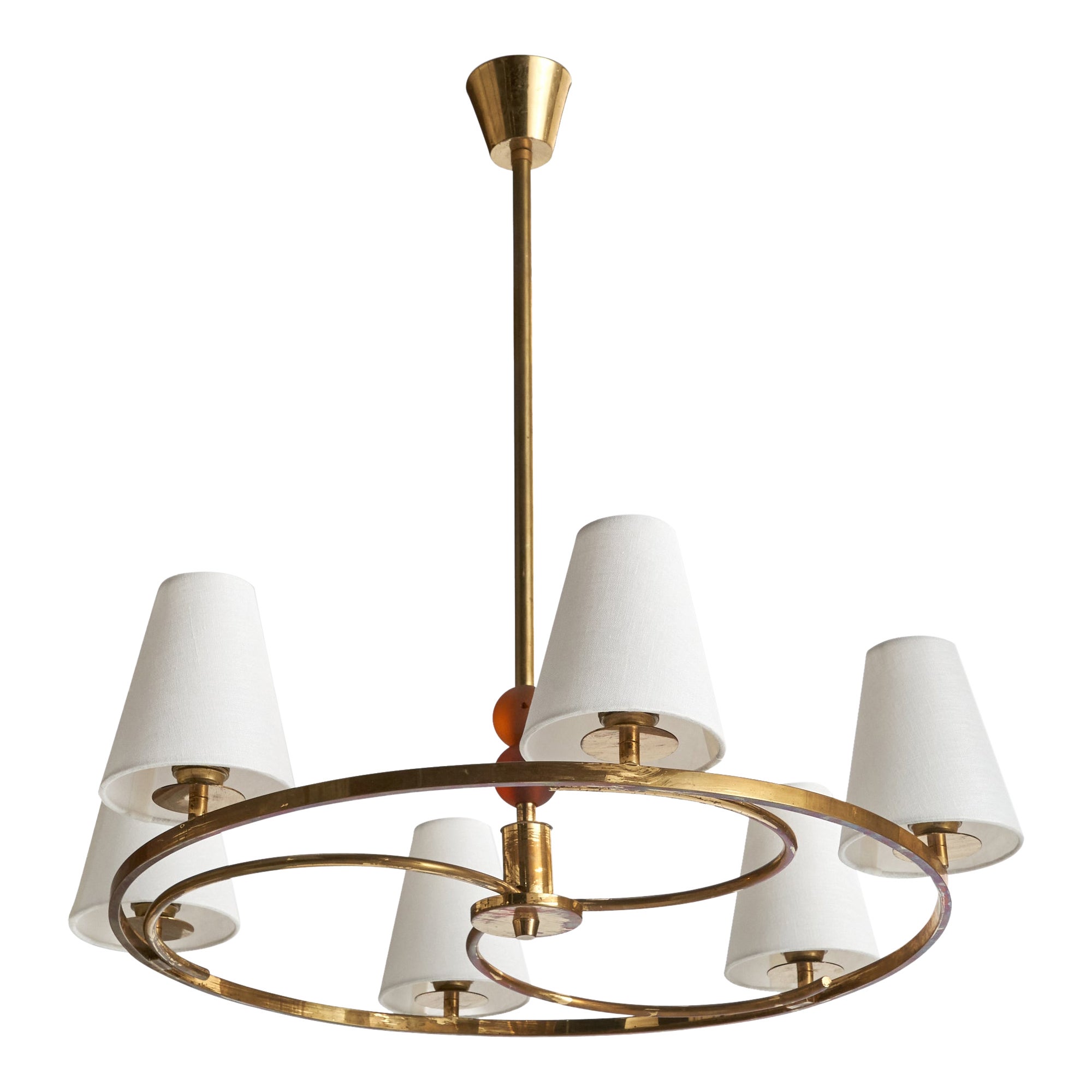 Bünte & Remmler, Chandelier, Brass, Glass, Fabric, Germany, 1920s For Sale