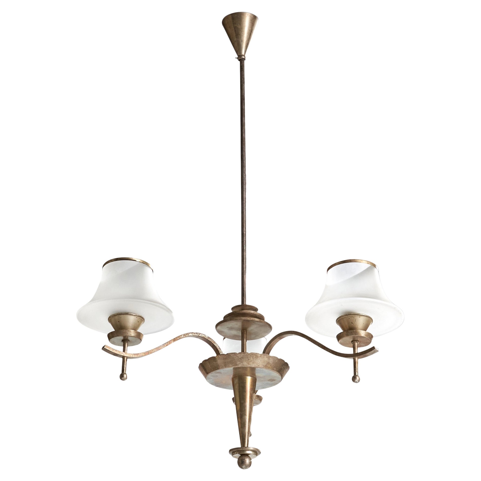 WMF, Chandelier, Nickel, Glass, Germany, 1930s