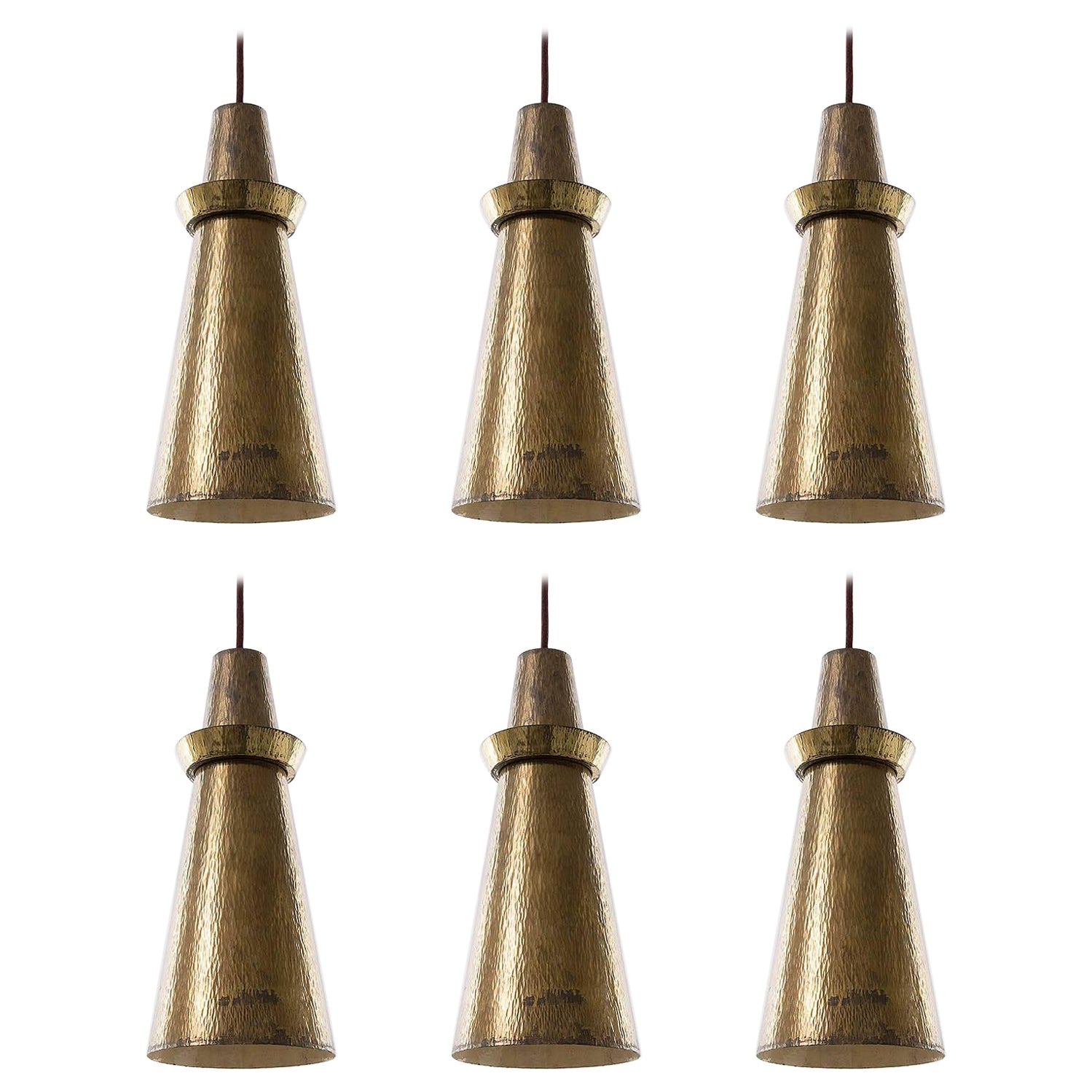 One of Six Pendant Lights, Hammered Patinated Brass, 1960s For Sale