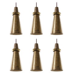 Vintage One of Six Pendant Lights, Hammered Patinated Brass, 1960s