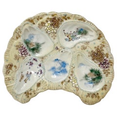 Antique Japanese Kutani Porcelain Crescent-Shaped Jeweled Oyster Plate, Ca. 1890