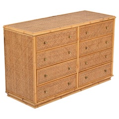 French Riviera Chest of Drawers in Vienna Straw, Rattan and Brass, Italy 1970