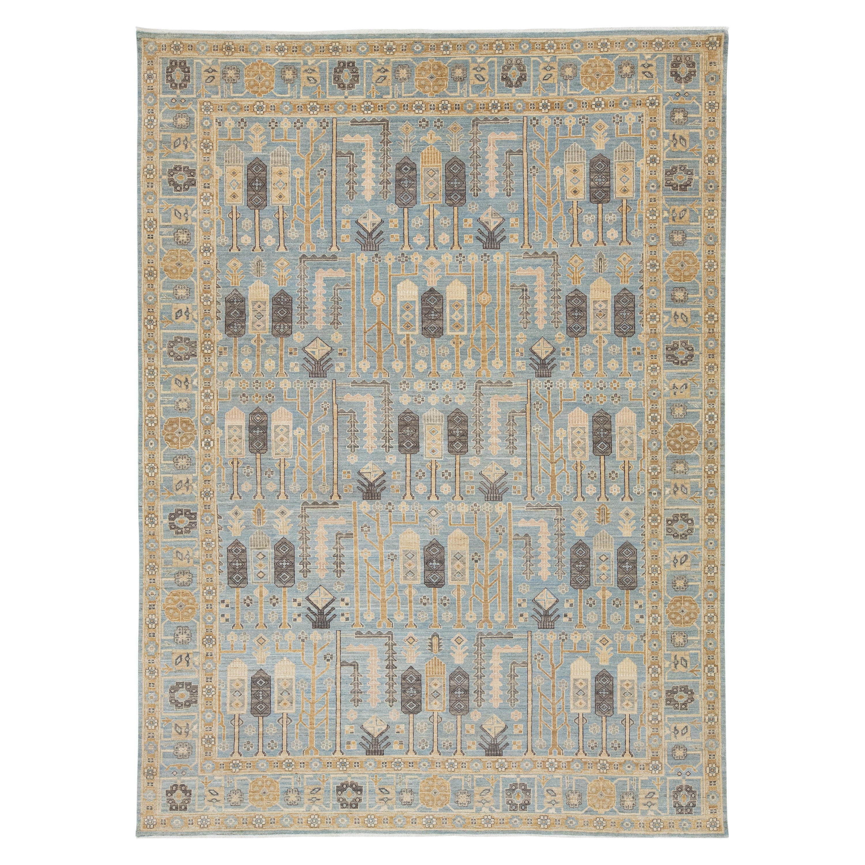 Contemporary Khotan Blue Wool Rug with Allover Geometric Design