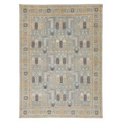 Zeitgenössischer blauer Khotan-Wollteppich mit geometrischem Allover-Design