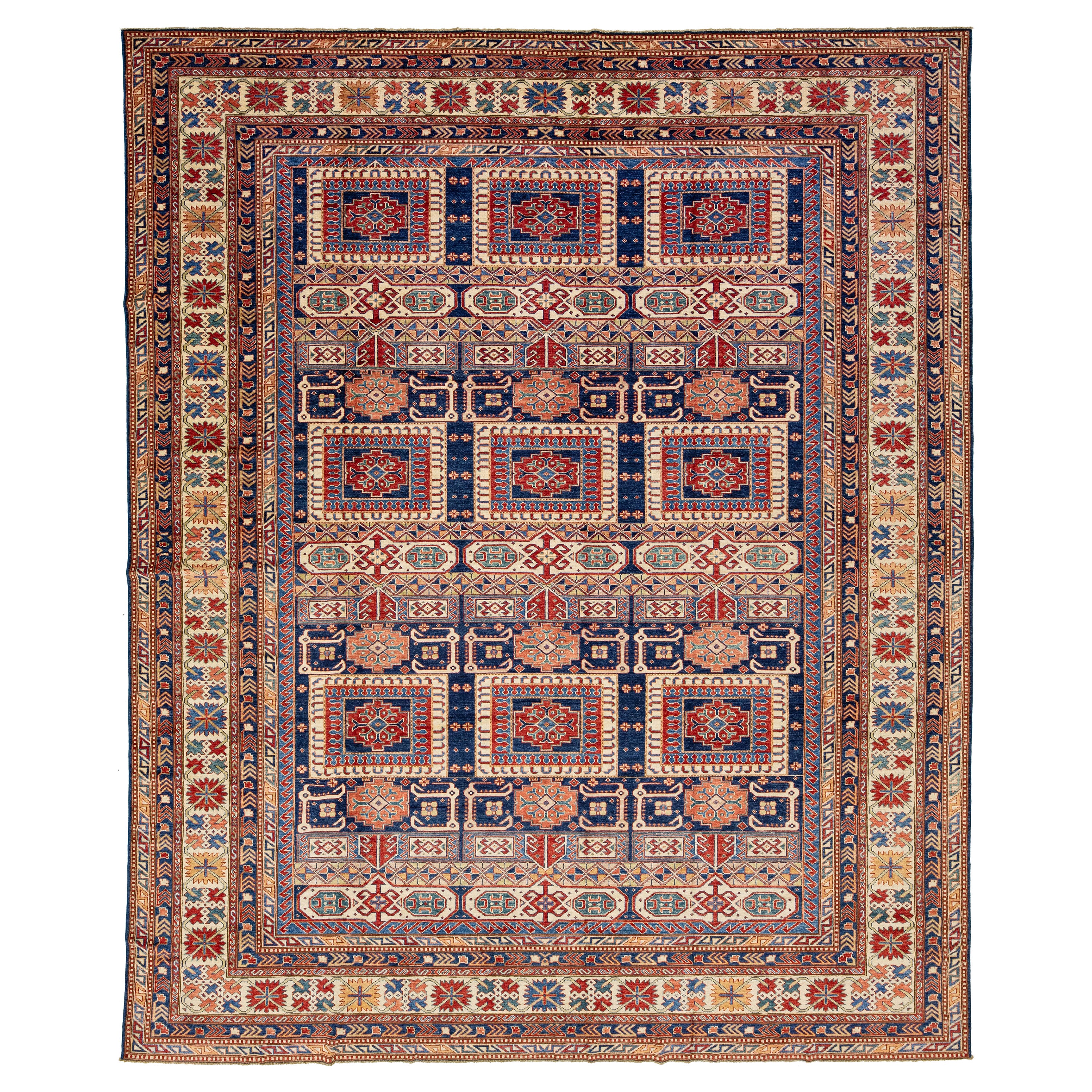 Modern  Kazak Handgefertigter Wollteppich in Blau und Rot mit Allover-Design im Angebot