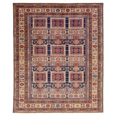 Moderno  Alfombra Kazak de lana hecha a mano en azul y rojo con diseño integral
