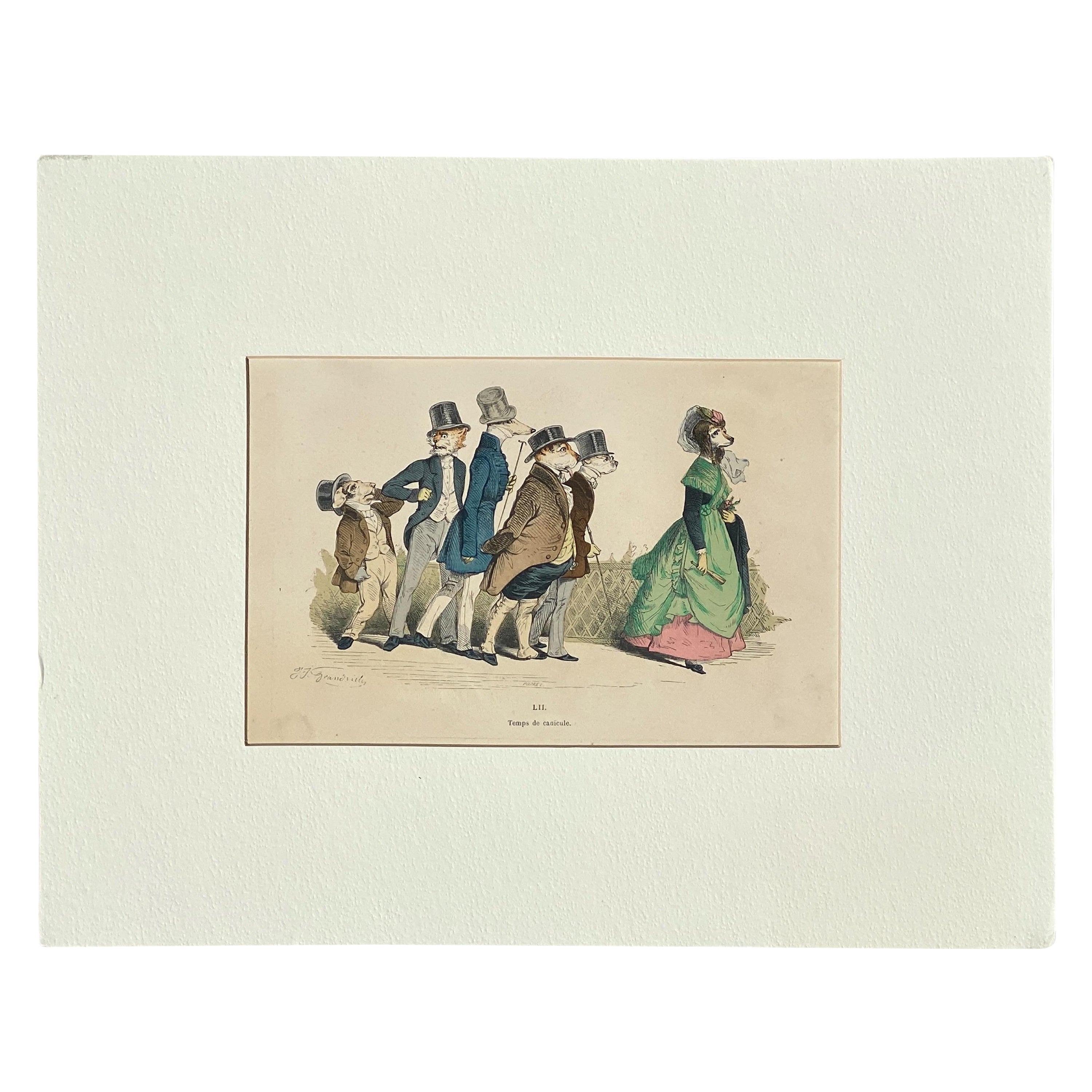 Whimsical Animal Hand Colored Copper Plate Engraving by Granville, Paris 1875 For Sale