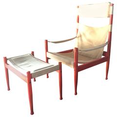 Tall Back Erik Worts for Neils Eilersen Danish Safari Lounge Chair and Ottoman