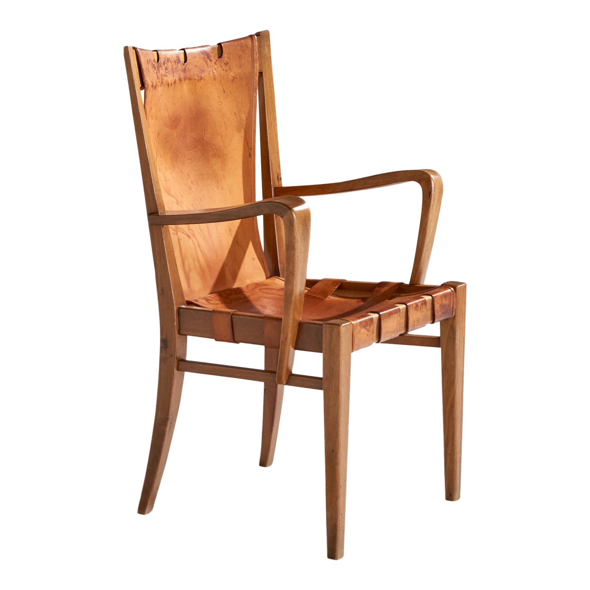 Guglielmo Pecorini, Armchair, Walnut, Leather, Italy, 1940s
