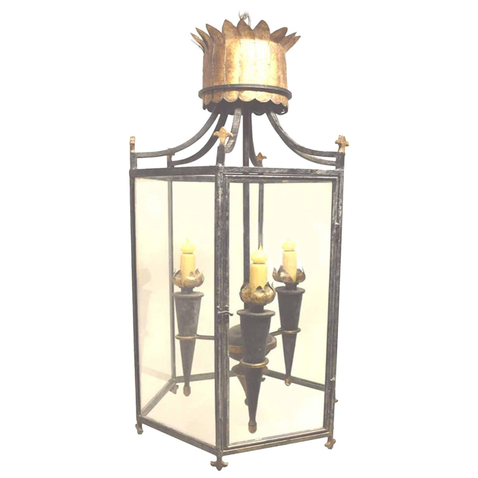 Antique French Napoleon III Period Wrought Iron, Brass and Gilt Lantern For Sale