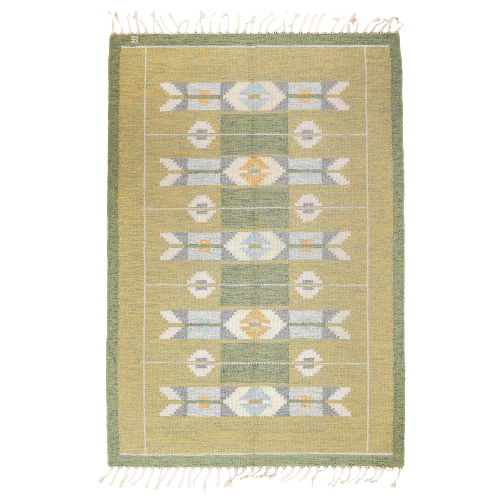 Ingegerd Silow Vintage Mid-Century Swedish Rollaken Kilim Green Rug