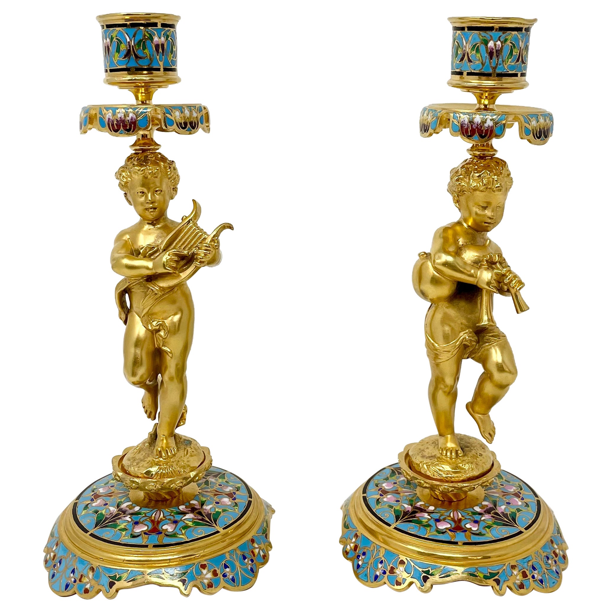 Pair Antique French Champlevé Enamel & Gold Bronze Musical Figure Candlesticks