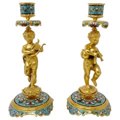 Pair Antique French Champlevé Enamel & Gold Bronze Musical Figure Candlesticks