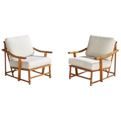 American Designer, Lounge Chairs, Oak, Rattan, Fabric, USA, 1950s