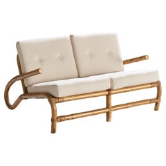 Used Swedish Designer, Sofa, Bamboo, Rattan, Fabric, Sweden, 1950s