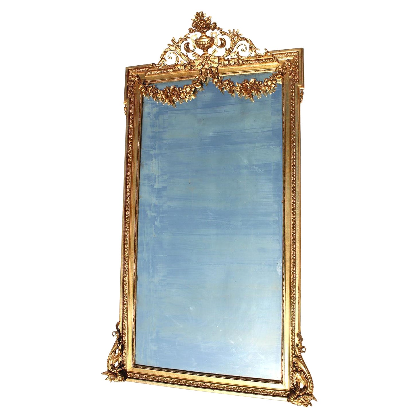 Großer französischer Spiegel im Stil Louis XVI des 19. und 20. Jahrhunderts aus Giltholz und Gesso