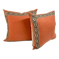 Coral Linen Toss Pillows With Banding, a Pair