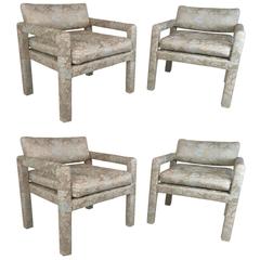 Set of Four Milo Baughman Chairs Covered in Silk Damask 