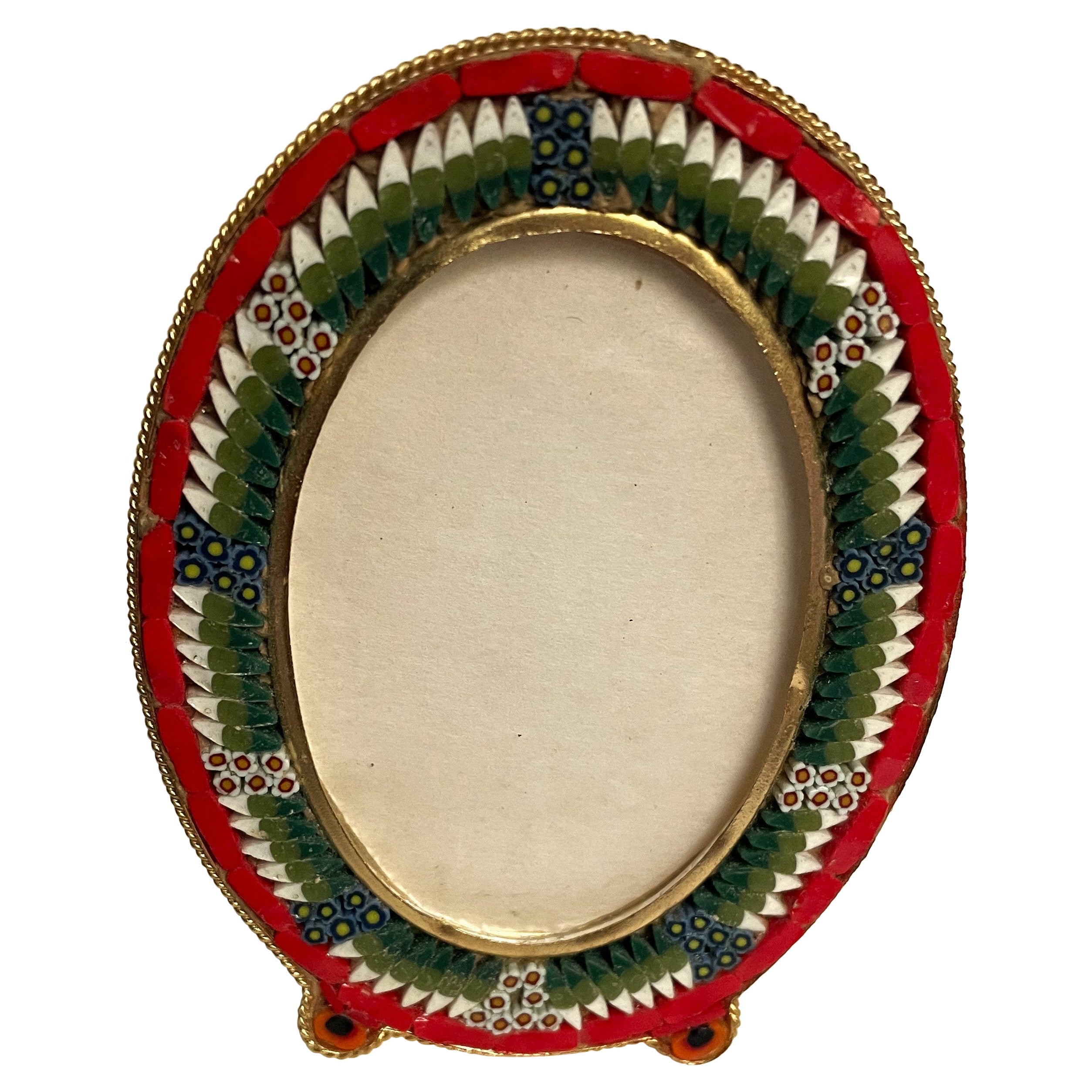 Pequeño Marco Italiano Ovalado Micro Mosaico Rojo/Verde/Blanco Latón y Vidrio