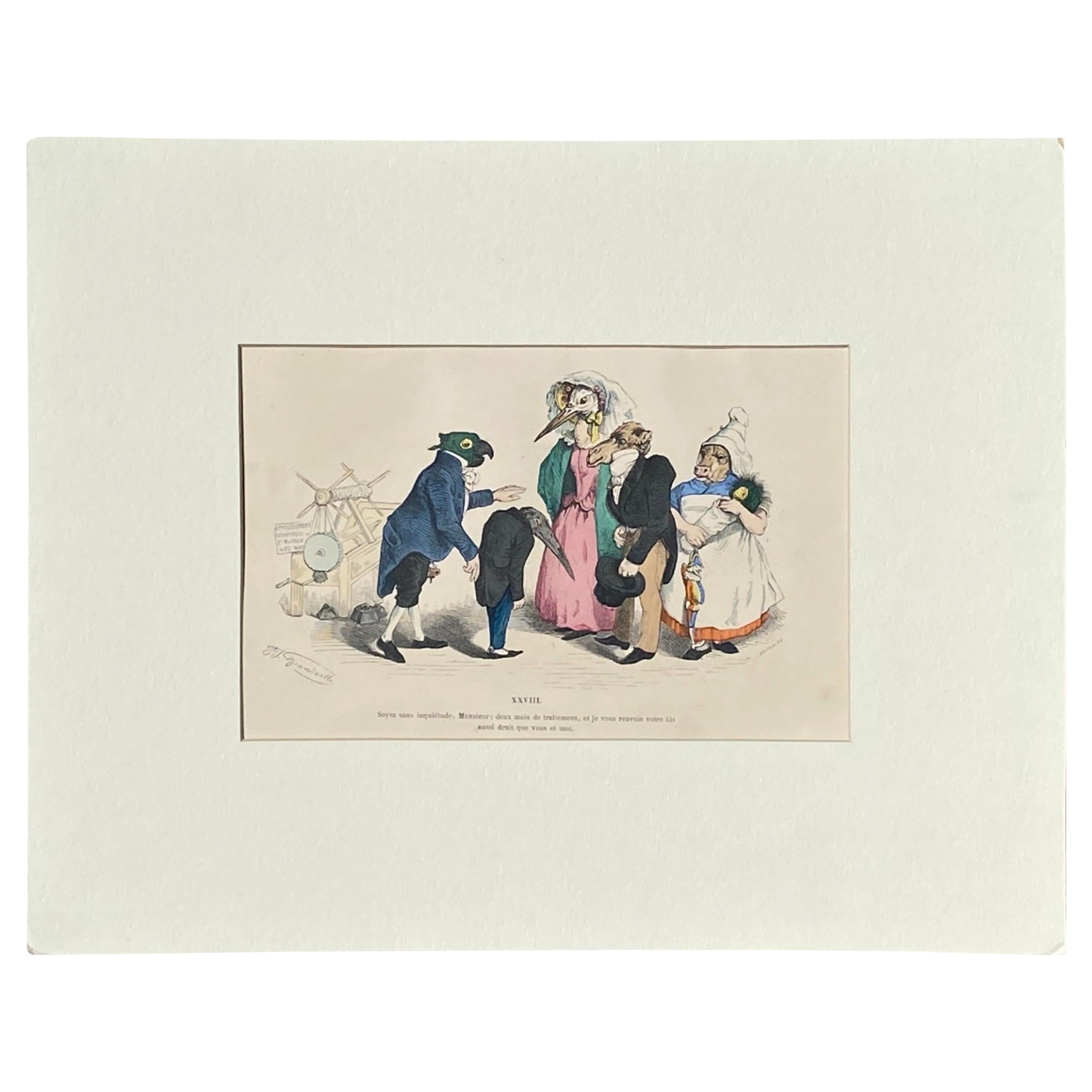 Surrealist Animal Hand-Colored Copper Plate Engraving by Granville, Paris 1875