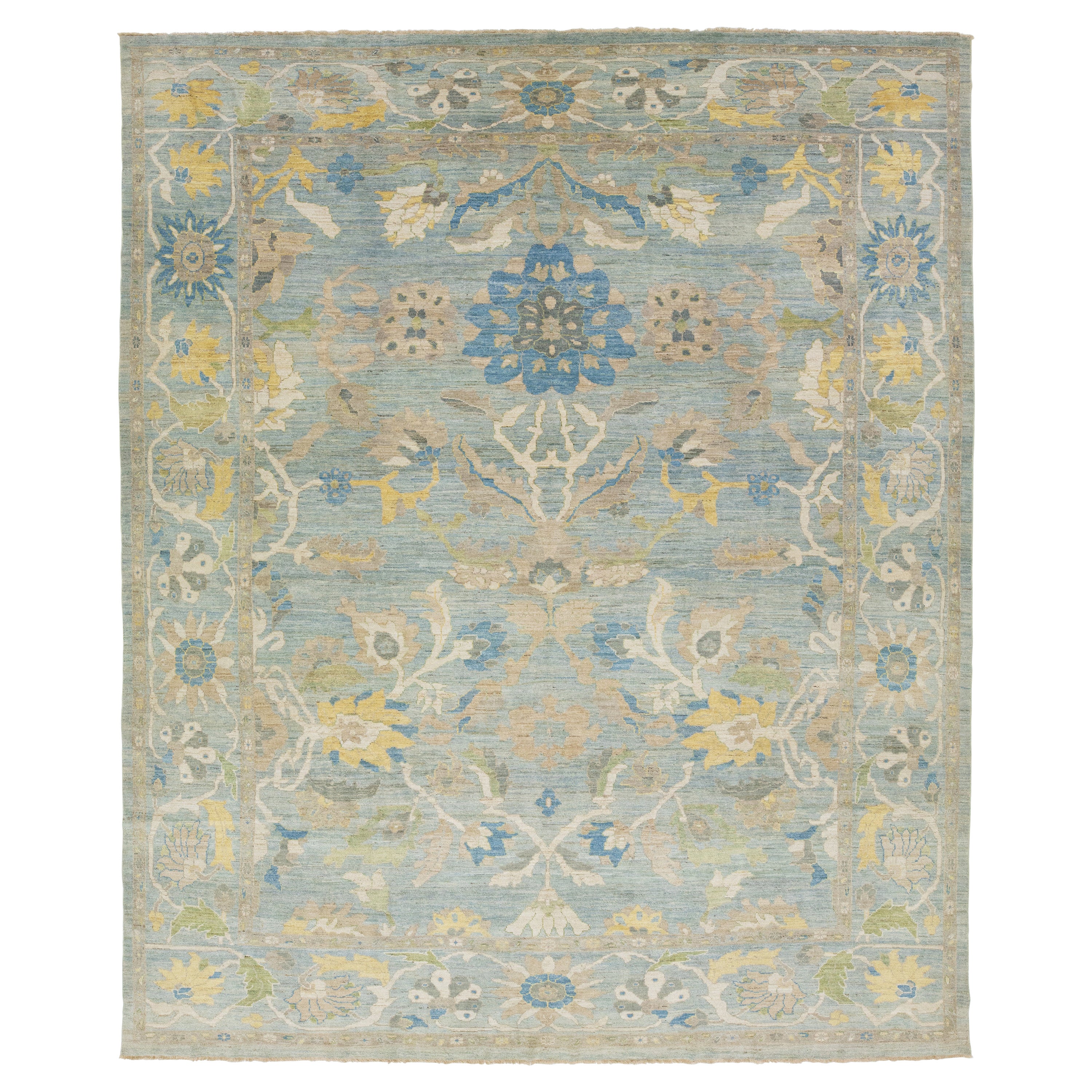 13 x 15 Light Blue Contemporary Sultanabad Floral Wool Rug By Apadana For Sale