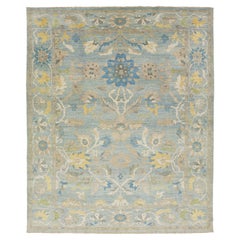 13 x 15 Light Blue Contemporary Sultanabad Floral Wool Rug By Apadana