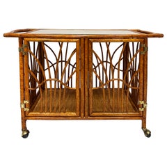 Coastal Palm Beach Regency Rattan, Woven Wicker Bar Cart on Casters with Doors