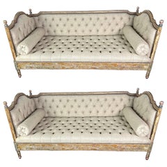 Pair of Painted Carved Wood Linen Upholstered Daybeds 1930's