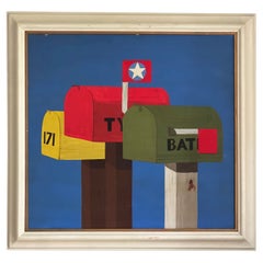 Colorful Mid-century "Mailboxes" Oil Painting with a Bee on Board