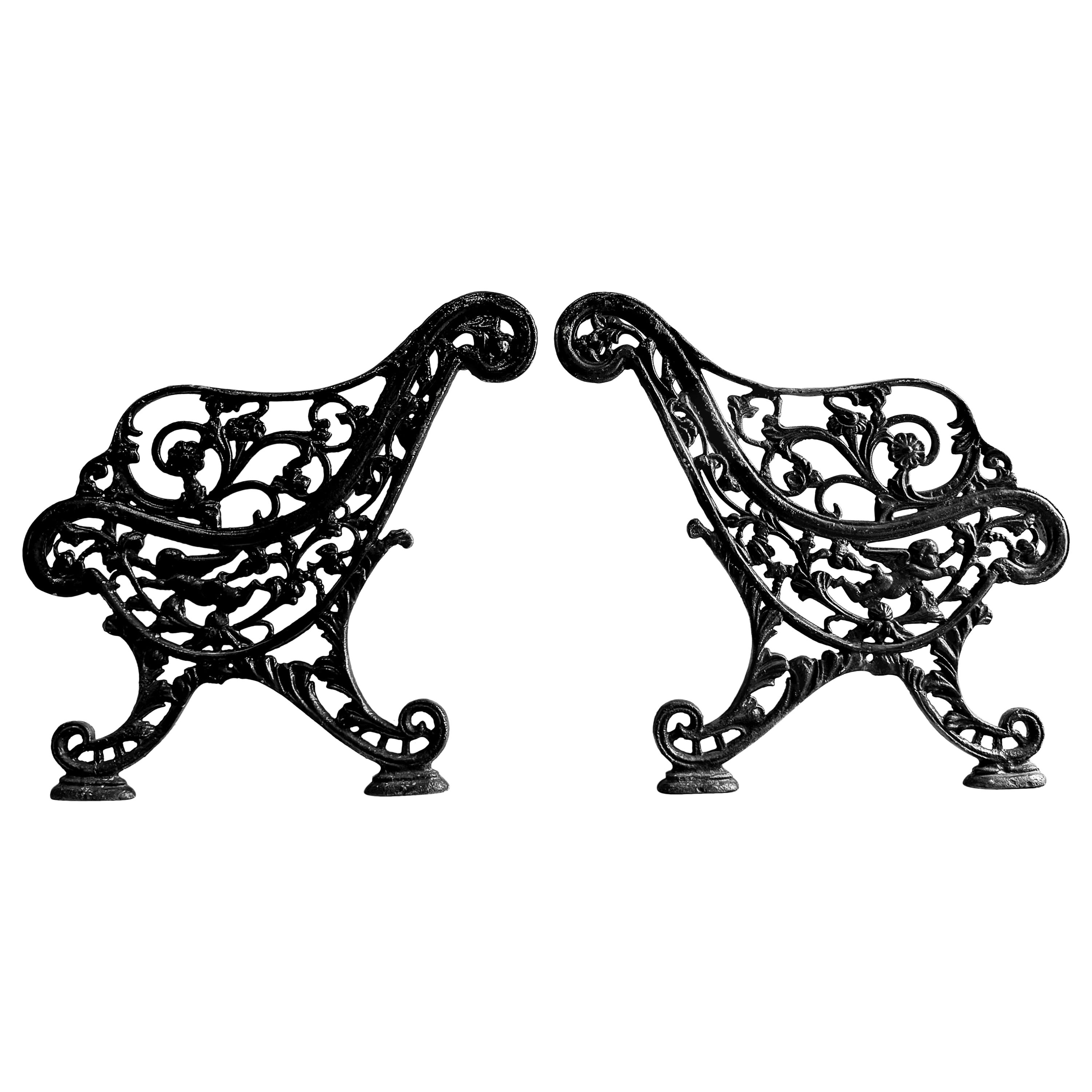 (Pair) Antique Cast Iron Victorian Garden Bench Ends