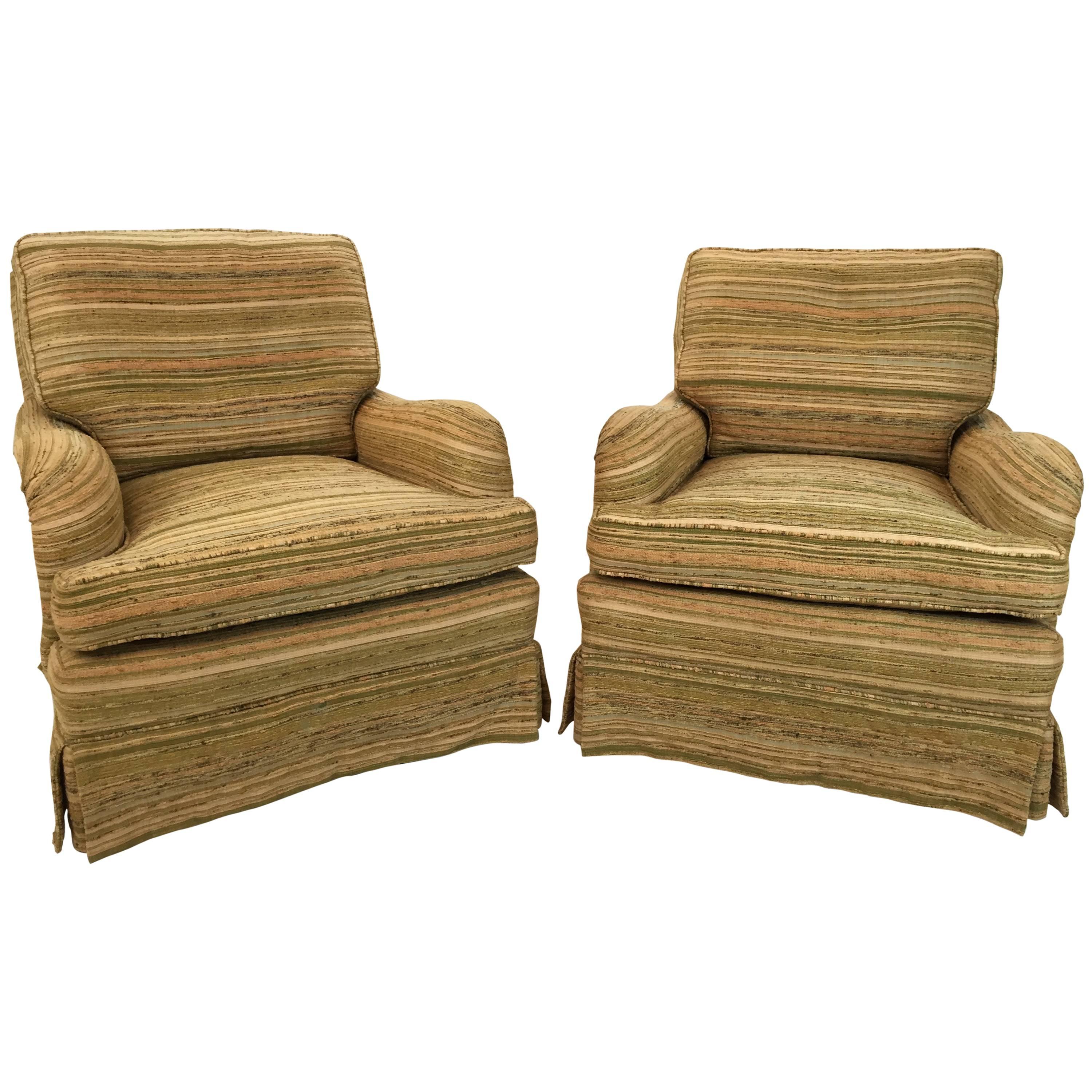 Pair of Rolled English Armchairs with Brass Tabot Trimmed Legs