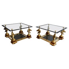 Pair of Brass Square Side Tables with Brass Horse Heads by Maison Charles.