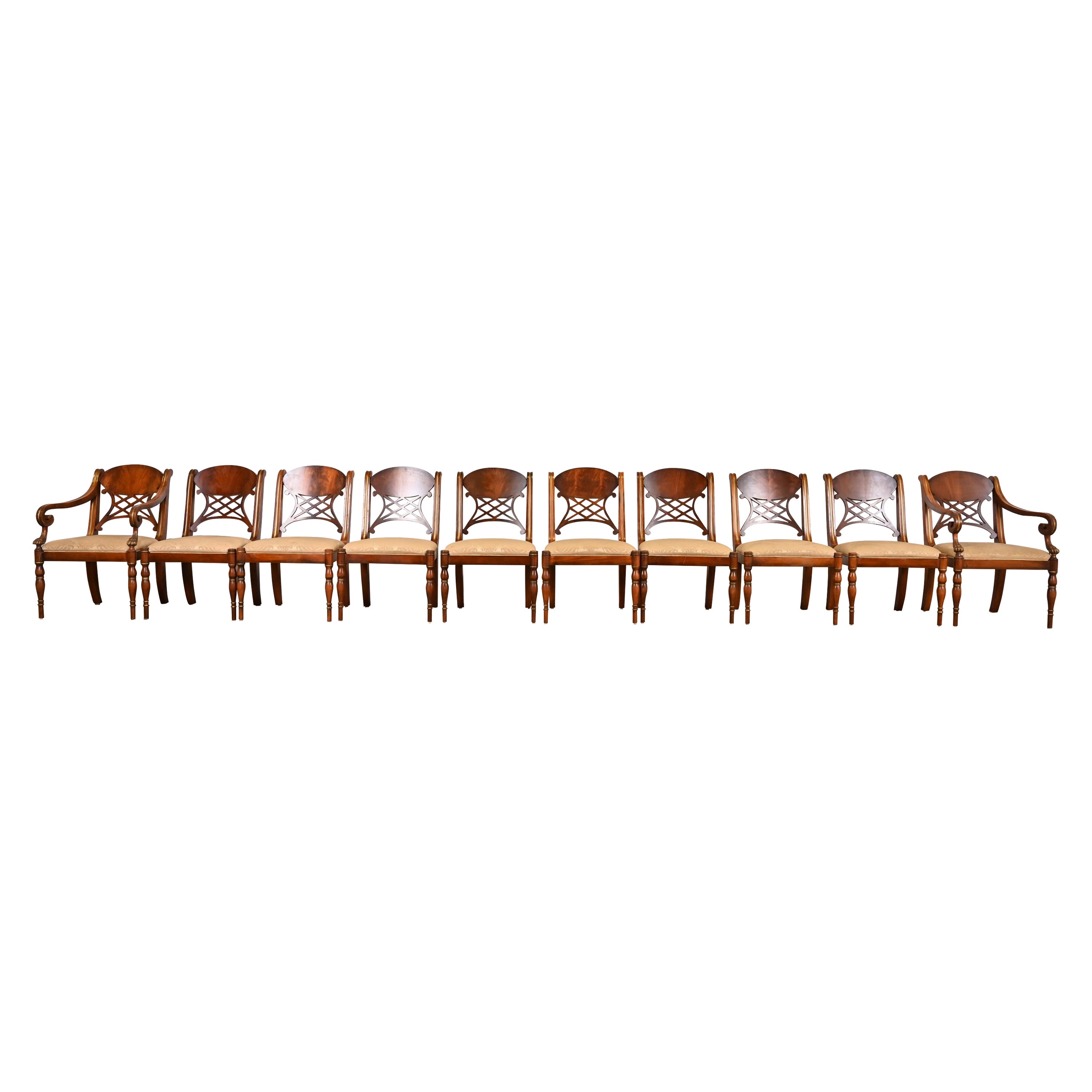 Henredon Regency Carved Flame Mahogany and Gold Gilt Dining Chairs, Set of Ten