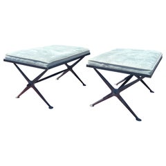 A pair Vintage Iron X Base Blue Suede Benches