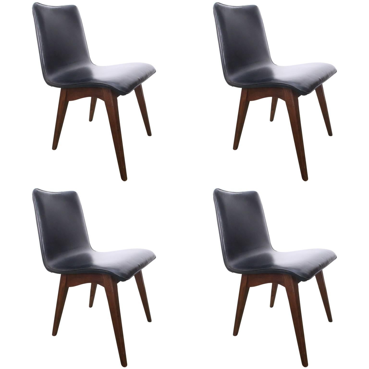 Set of Four Sligh Lowry Mid-Century Walnut and Leather Dining Chairs
