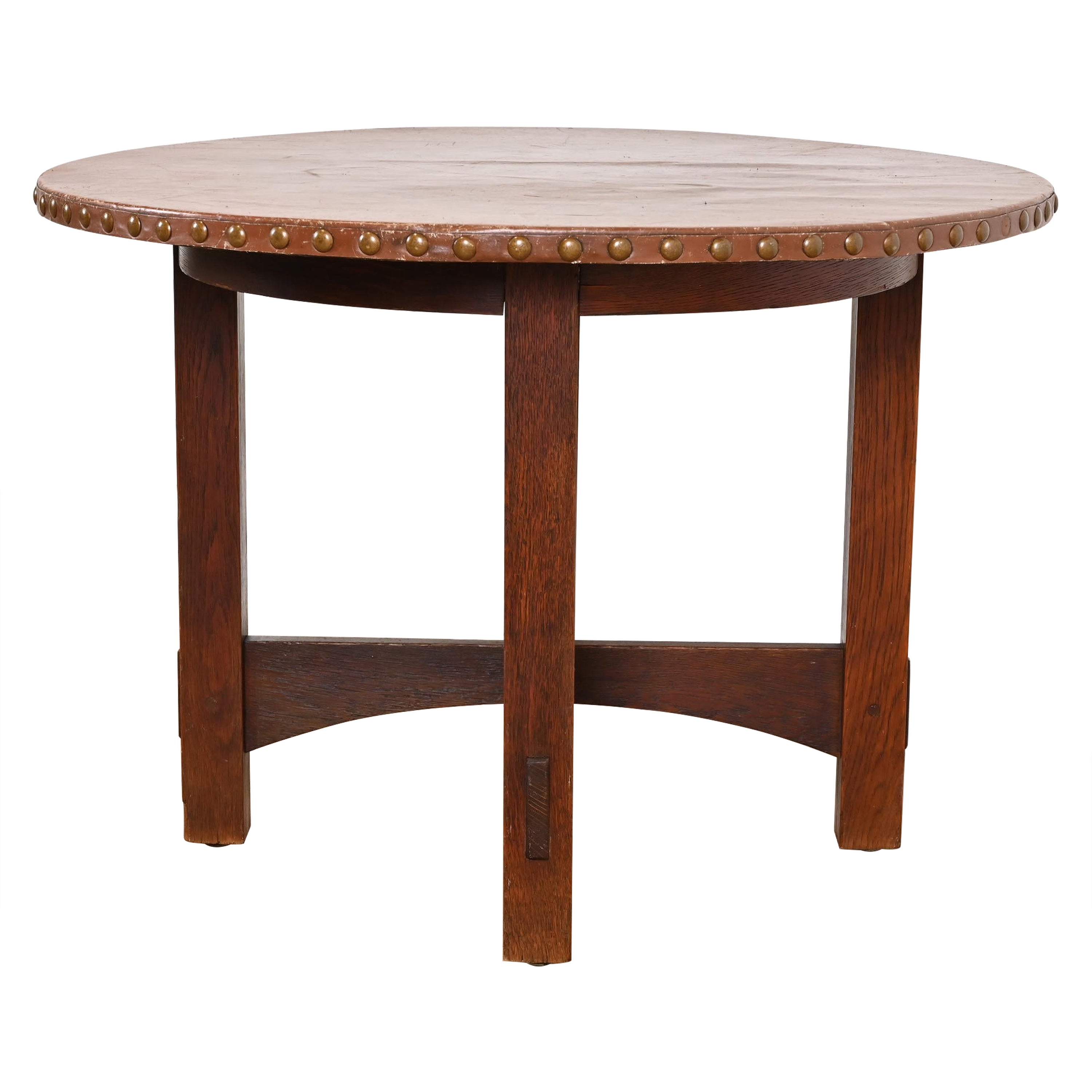 Gustav Stickley Antiker Missionstisch aus Eiche im Arts & Crafts-Stil mit Lederplatte
