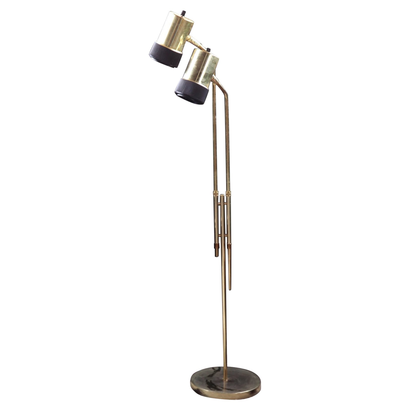 Mid Century Brass Adjustable Double Headed Floor Lamp