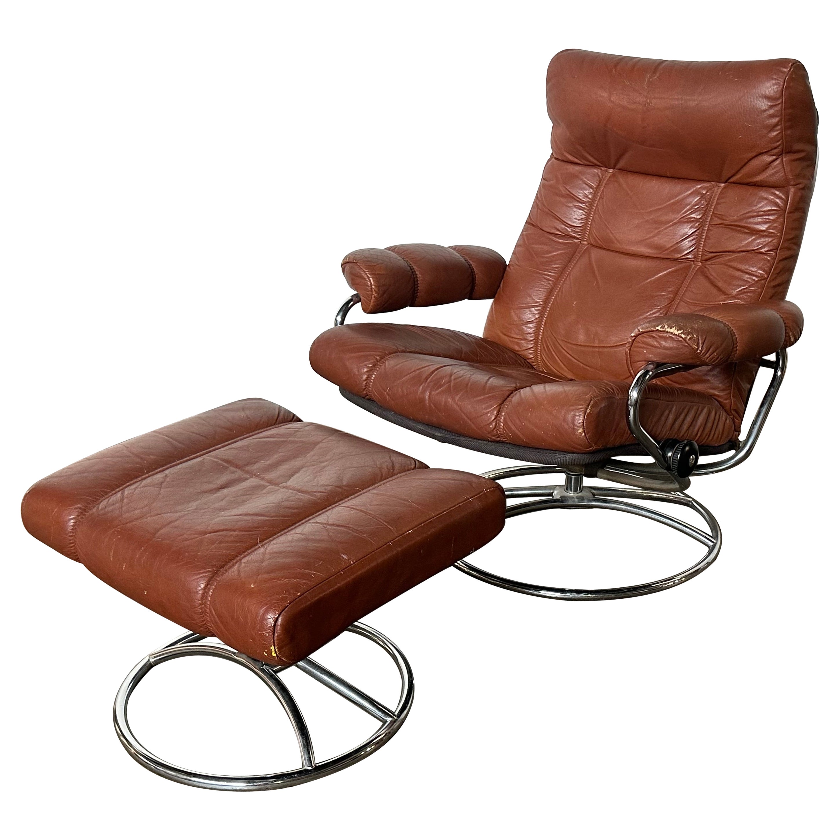 Ekornes Leather Stressless Lounge Chair and Ottoman in Burnt Orange